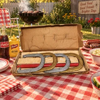 Photo of 1950s STAR Picnic Steel Pitching Horseshoe Set 4 Shoes 2 Stakes Original Box