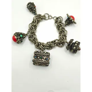 Photo of Vintage Silver Rope Chain Charm Bracelet Dangle Charms Coral Cabochon Box