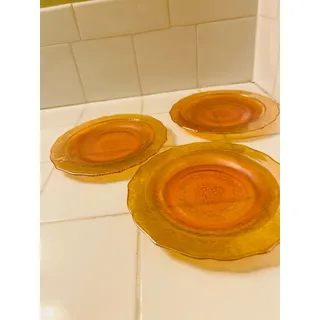 Photo of Set Of 3 Carnival Glass Normandie Marigold Iridescent Scalloped Dessert Plates