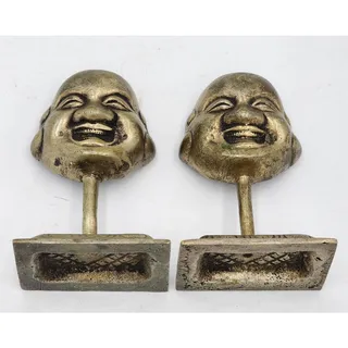 Photo of Laughing Buddha Pair Statue Figurines Brass Asian On Miniature Stand 3.5"