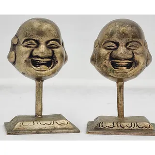 Photo of Laughing Buddha Pair Statue Figurines Brass Asian On Miniature Stand 3.5"