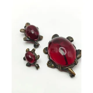 Photo of Vintage Turtle Jewelry Lot 3 Pc Red Cabochon Antiqued Gold Tone Figural