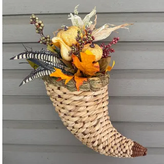 Photo of Fall Woven Cornucopia Floral Hanging Wall Basket/Table Centerpiece Autumn Rustic