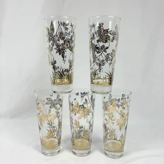 Photo of Vintage MCM William A Meier Gold Birds and Leaves Tall 6.75" Tumblers Glasses