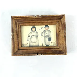 Photo of Vintage Folk Art Miniature Print Amish Man & Woman w/ Chickens Rustic Wood Frame
