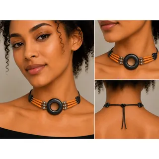 Photo of Multi-Row Choker Necklace with Black Stone Donut Centerpiece and Bone-Style Beads