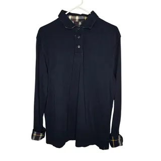Photo of Barbour Men's Navy Long Sleeve Polo Shirt 100% Cotton Tartan Trim Size XL