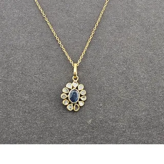 Photo of Gold Plated 925 Silver Necklace Blue Starburt Pendant Abstract Floral Peacock