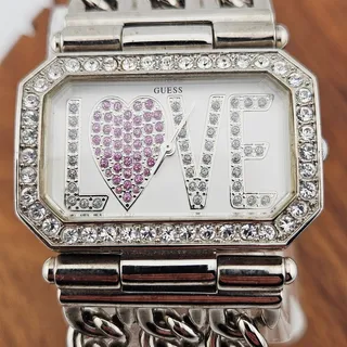 Photo of Y2K Guess Rhinestone Love Bling Watch Silver Tone Chain Link Wide Bracelet Band