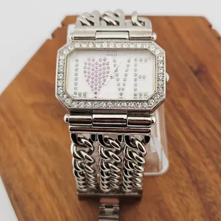 Photo of Y2K Guess Rhinestone Love Bling Watch Silver Tone Chain Link Wide Bracelet Band