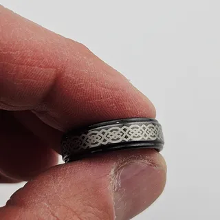Photo of Tungsten Carbide Two Tone Ring Band Silver Black Metallic Celtic Print Size 6