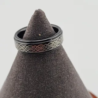 Photo of Tungsten Carbide Two Tone Ring Band Silver Black Metallic Celtic Print Size 6