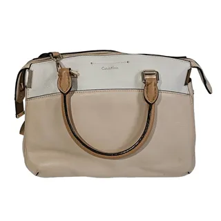 Photo of Calvin Klein Raelynn Pebbled Leather Satchel Bag Beige White Colorblock Purse