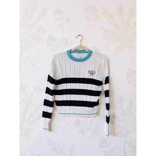 Photo of All in Motion Tennis Sweater Womens Small White Navy Cable Knit Striped Preppy
