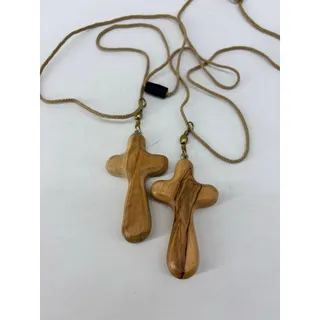 Photo of Olive Wood Comfort Cross Lot of 2 Necklace Hand Carved 3.5"