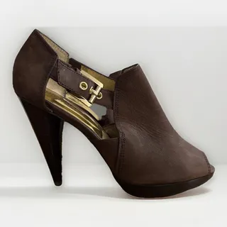 Photo of Michael Kors Greenwich Peep Toe Booties Brown Suede Buckle Platform Heels Sz 8.5