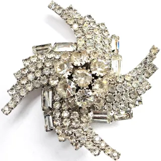 Photo of Huge Vtg 3" Tiered Clear Rhinestone Swirl Cluster Baguette Round Swirl Brooch
