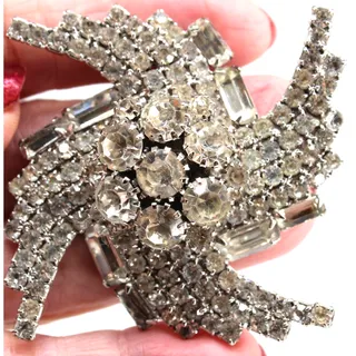 Photo of Huge Vtg 3" Tiered Clear Rhinestone Swirl Cluster Baguette Round Swirl Brooch