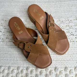 Photo of NEW LOTTINI ITALY Women's 39 US 9 Cross Band Buckle Cork Wedge Slide Sandal Brown