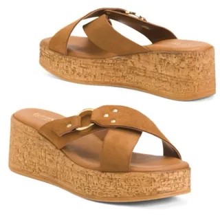 Photo of NEW LOTTINI ITALY Women's 39 US 9 Cross Band Buckle Cork Wedge Slide Sandal Brown