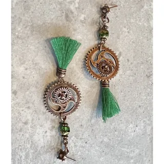 Photo of Vintage Bronzy Cooper Tone Color Steampunk Cogs Green Tassel Dangle Earrings NEW