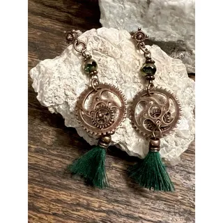 Photo of Vintage Bronzy Cooper Tone Color Steampunk Cogs Green Tassel Dangle Earrings NEW
