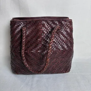 Photo of Fossil Vintage Woven Leather Tote Bag Braided Handles Brown Wine Boho Chic Earthy