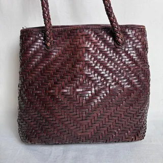 Photo of Fossil Vintage Woven Leather Tote Bag Braided Handles Brown Wine Boho Chic Earthy