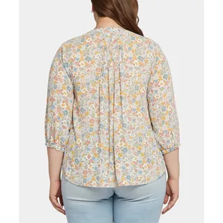 Photo of NYDJ Pintuck V-Neck Blouse Button Front 3/4 Sleeve Floral Angelonia Womens Sz M