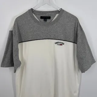 Photo of VTG Tommy Hilfiger T shirt men's XL crew color block short sleeve gray cream Y2K