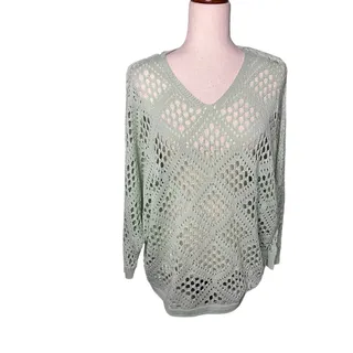Photo of Women’s Medium Mint Green Open Knit Crochet V-Neck Sweater Boho Oversized