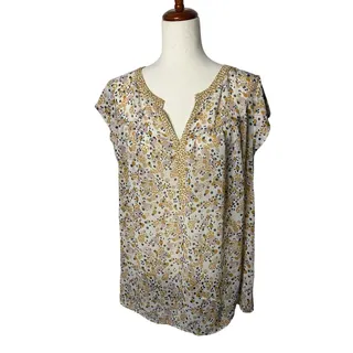 Photo of DR2 Women’s 1X Cream Mustard Blush Abstract Print Cap Sleeve Blouse