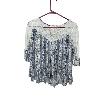 Photo of Collection Blue Floral Boho Lace Yoke Ruffle Hem Tunic Top XL
