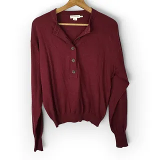 Photo of Good American Henley Sweater S/M Wine Red Ribbed Knit Quiet Luxury Pullover