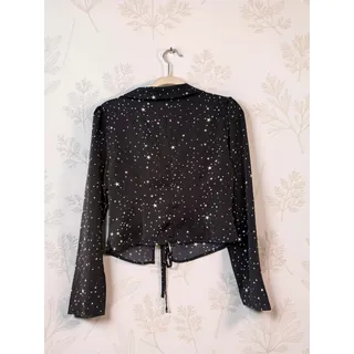 Photo of Le Lis Black Star Print Blouse Womens Large Ruched Drawstring Long Sleeve Y2K