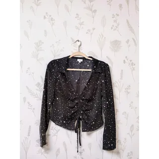 Photo of Le Lis Black Star Print Blouse Womens Large Ruched Drawstring Long Sleeve Y2K
