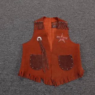 Photo of John R. Craighead Co Vest Kids Medium Brown Leather Fringe Western Cowboy