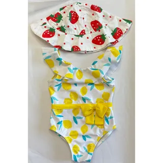 Photo of Gerber Lemon Squeeze One Piece Ruffled Swimsuit (Size 12M) & Strawberry Sun Hat 