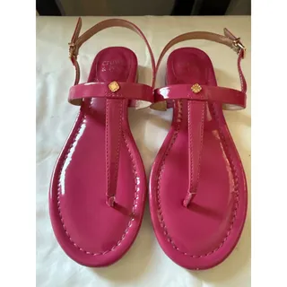 Photo of Crown & Ivy Womens Hot Pink‎ Patent T-Strap Sandals Gold Flower Stud Size 6
