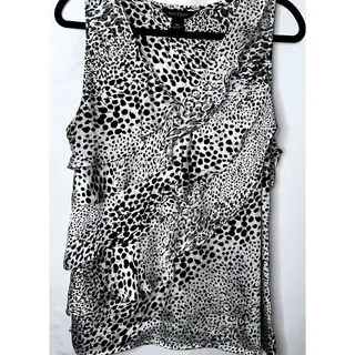 Photo of White House Black Market Womens Size XL Black White Leopard Print Ruffle Blouse