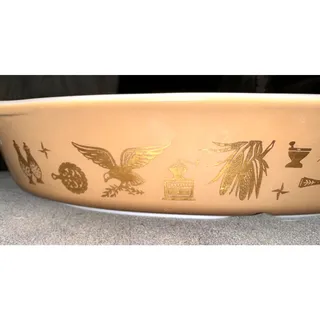 Photo of Vintage Pyrex Early American 1 1/2 Quart Brown & Gold Divided Casserole No Lid
