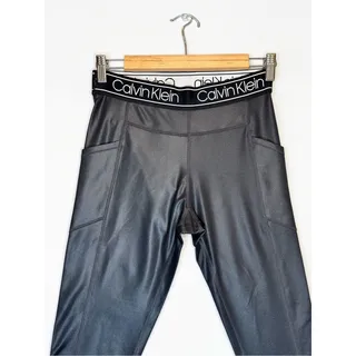 Photo of Calvin Klein Black Logo-Waist Faux Leather Leggings 7/8