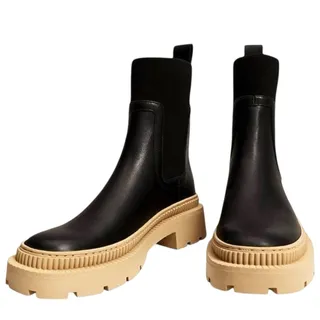 Photo of Mango Black Leather Ankle Boots Tan Sole Round Toe Womens 8.5 EU 39