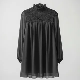 Photo of H&M Black Sheer Turtleneck Balloon Sleeve Mini Dress Slip Lined Size 8