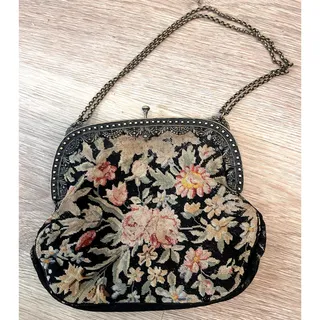 Photo of Vintage 1950s Petit Point Needlepoint Tapestry Evening Bag – Ornate Brass Curved