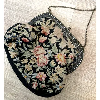 Photo of Vintage 1950s Petit Point Needlepoint Tapestry Evening Bag – Ornate Brass Curved