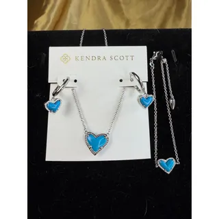 Photo of Kendra Scott Turquoise Silver Ari Heart Jewelry Set 3 Earrings Necklace Bracelet