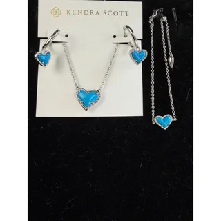 Photo of Kendra Scott Turquoise Silver Ari Heart Jewelry Set 3 Earrings Necklace Bracelet