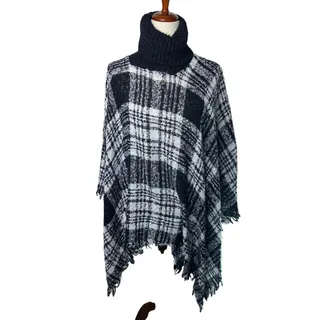 Photo of Black White Plaid Turtleneck Poncho Oversized Draped Sweater