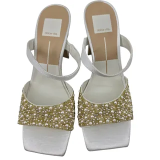 Photo of NWOT Dolce Vita White & Gold Nasia Rhinestone Pearl Slip On Sandal Heel Size 7.5